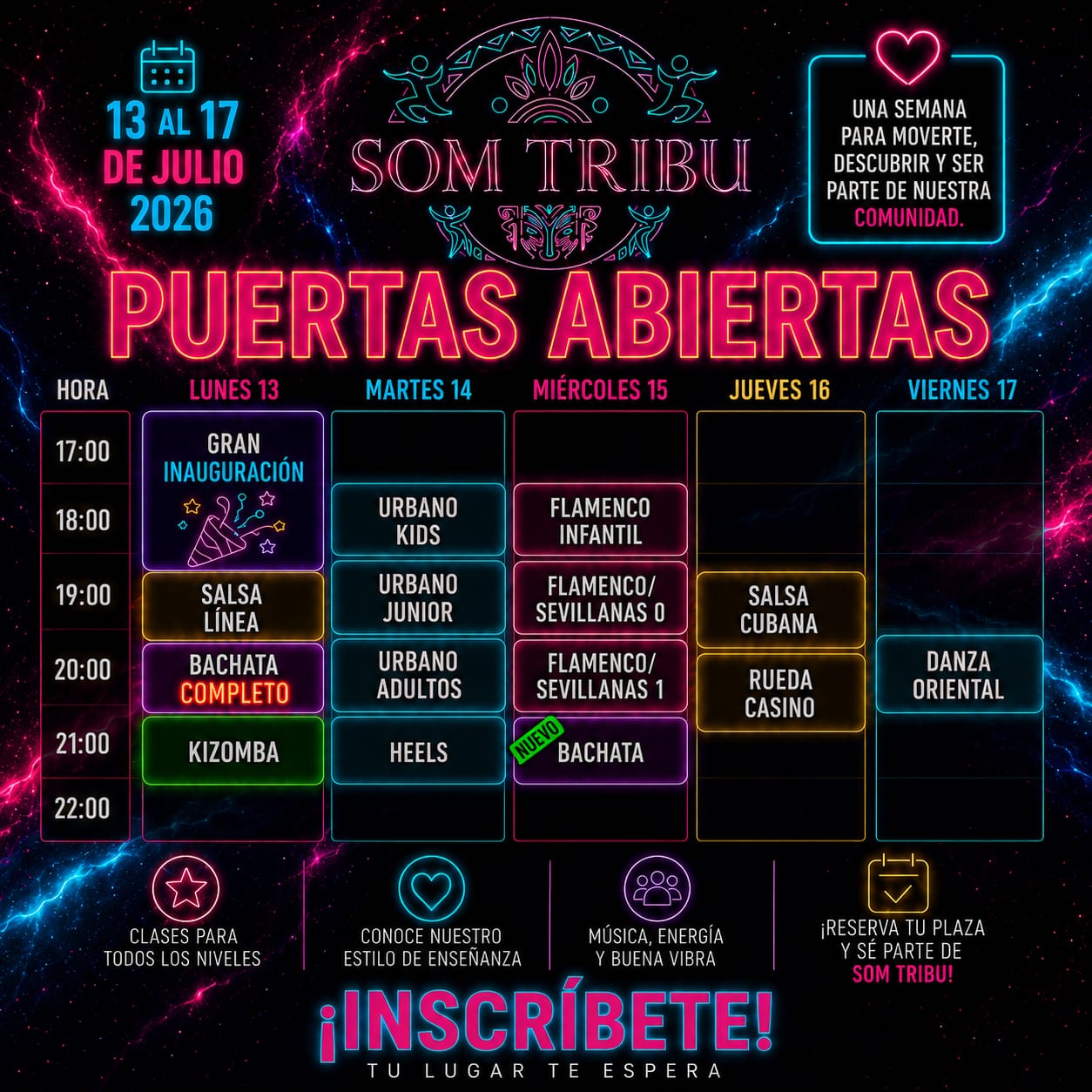 Horario de la semana de puertas abiertas de Som Tribu, del 13 al 17 de julio
